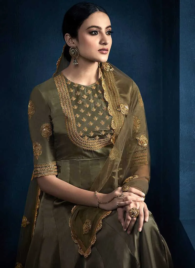 Mehendi Color Kalidar Embroidered Anarkali Style Suit