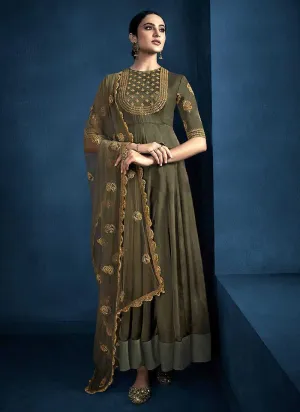 Mehendi Color Kalidar Embroidered Anarkali Style Suit