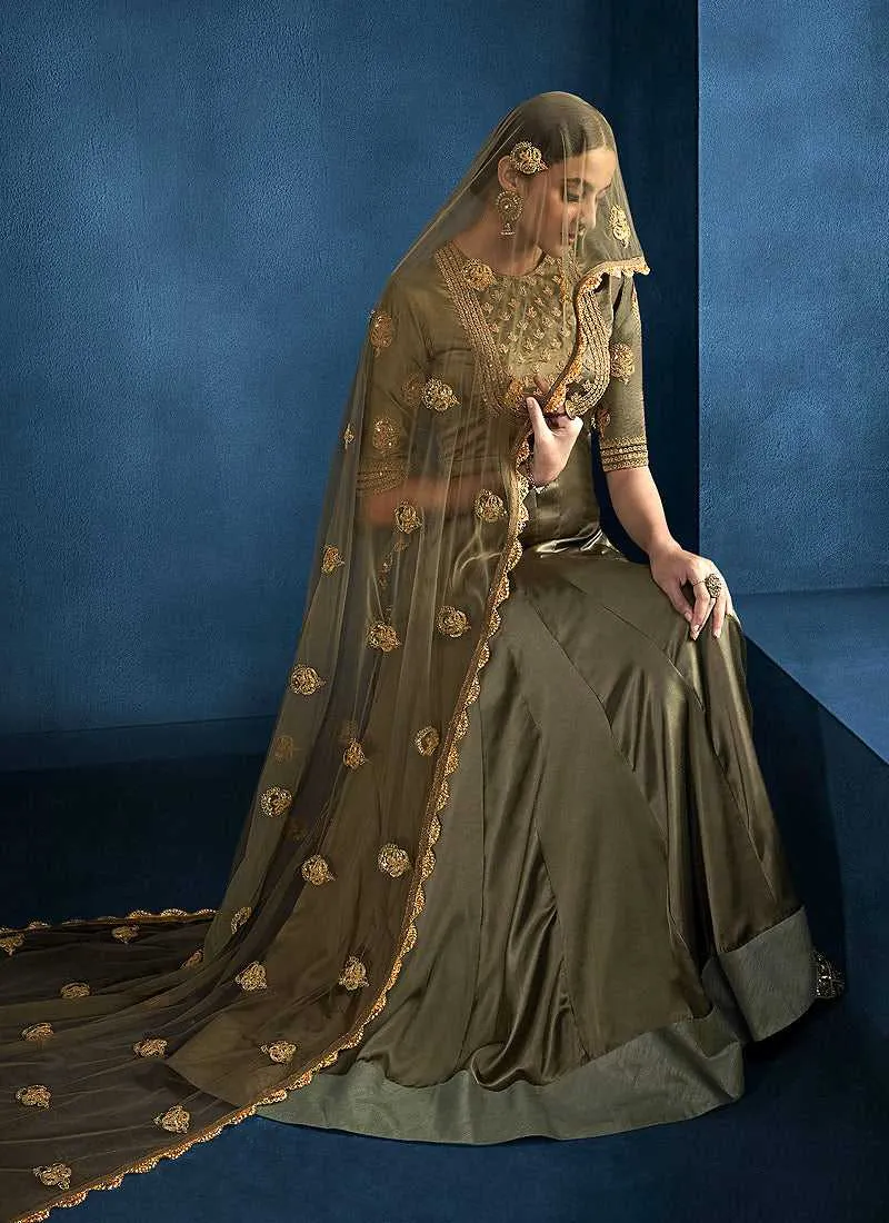 Mehendi Color Kalidar Embroidered Anarkali Style Suit