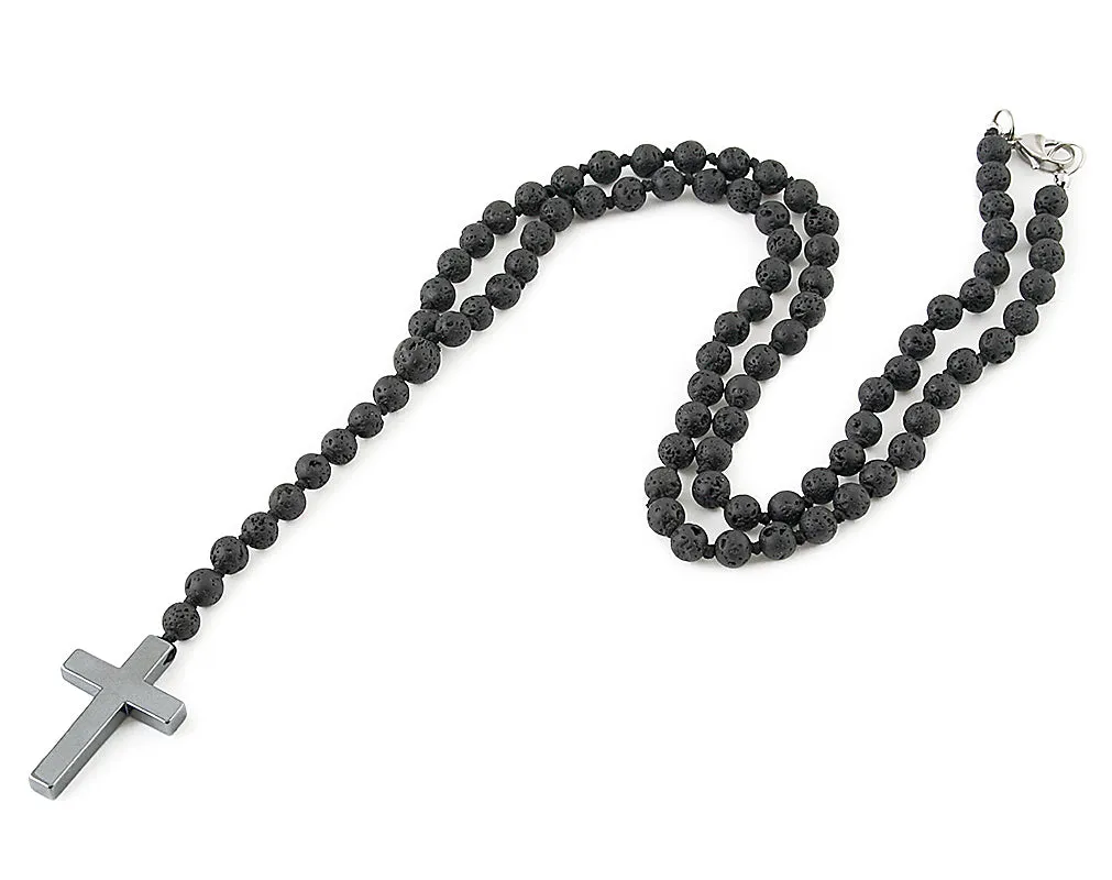 Men's cross lava rosaries necklace