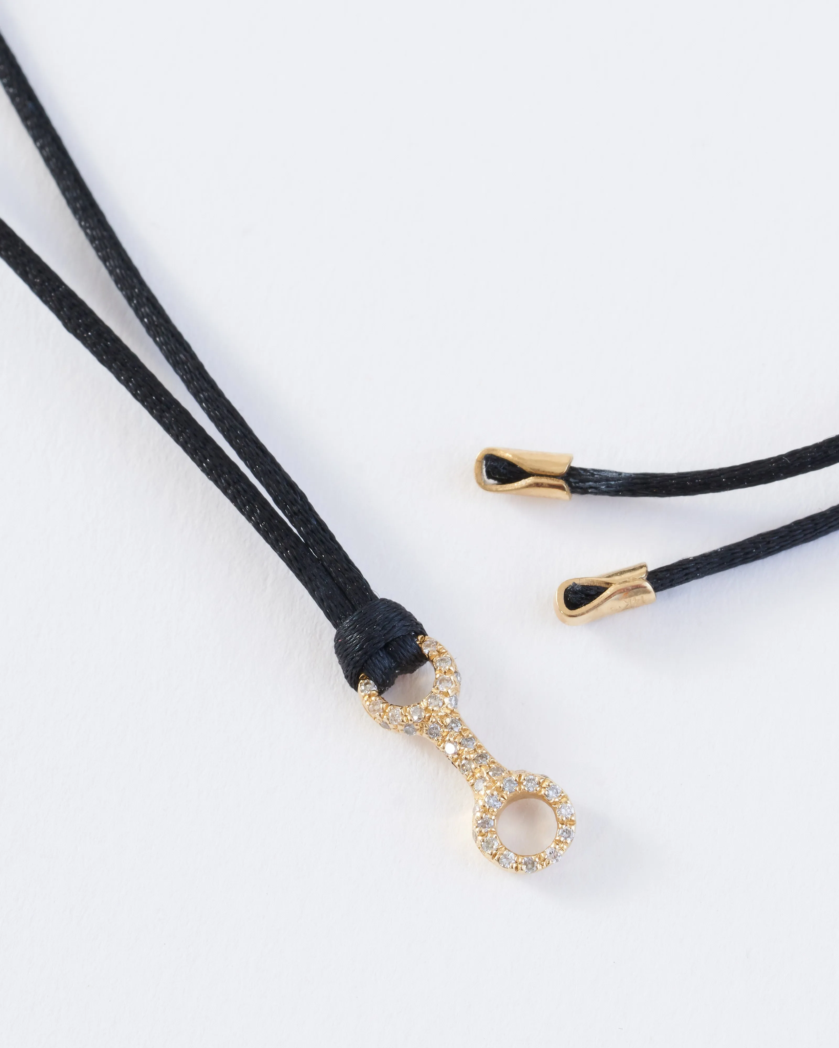 mini double beam link with white pavé diamonds on silky cord necklace