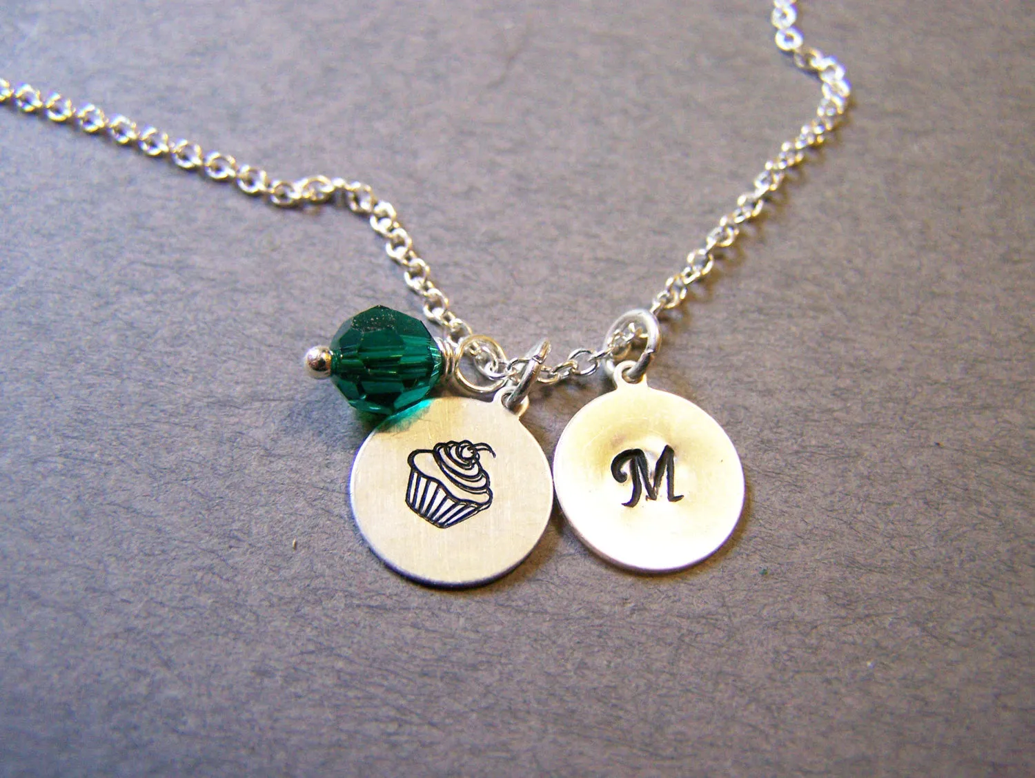 Monogrammed Sterling Silver Initial Swarovski Crystal Birthstone Birthday Cupcake Necklace / Gift for Her