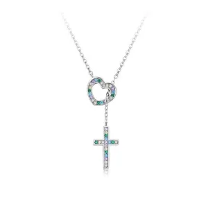 Multi Color Diamond Heart & Cross Pendant Necklace