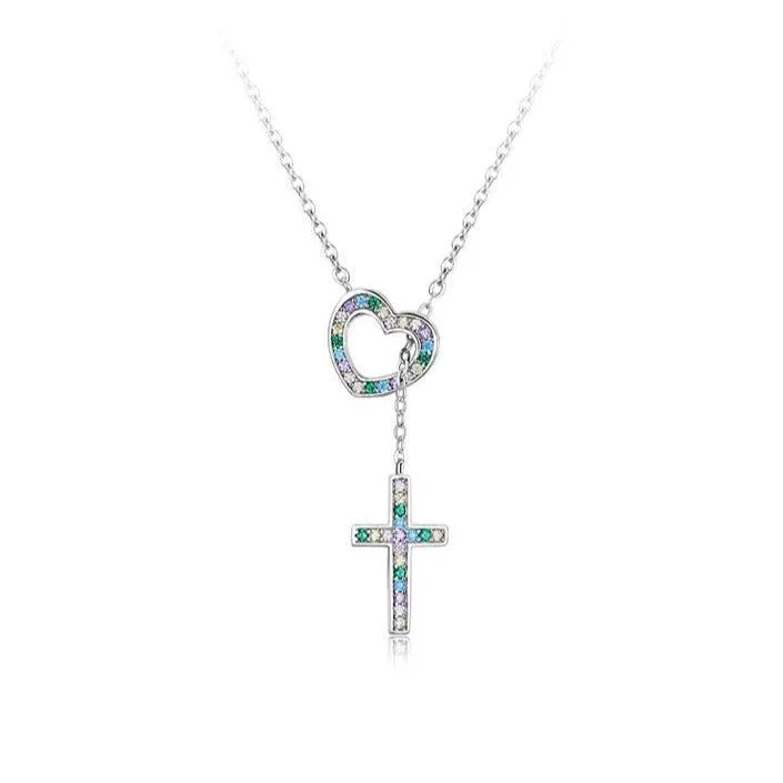 Multi Color Diamond Heart & Cross Pendant Necklace