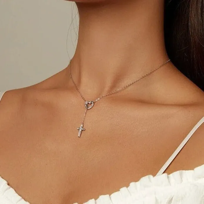 Multi Color Diamond Heart & Cross Pendant Necklace