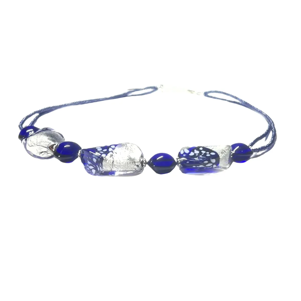 Murano Glass Cobalt Blue Dalmata Stone Silver Necklace
