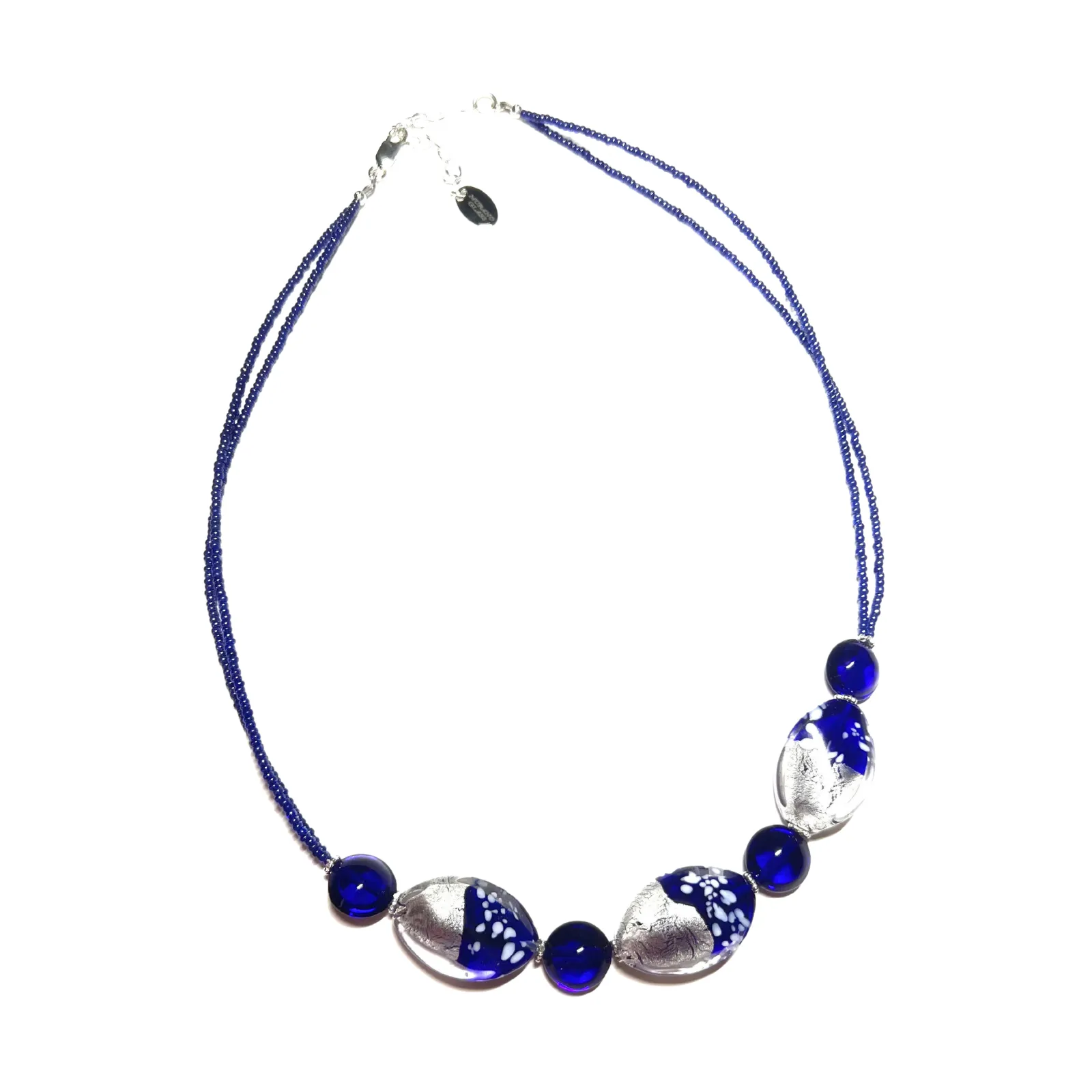 Murano Glass Cobalt Blue Dalmata Stone Silver Necklace