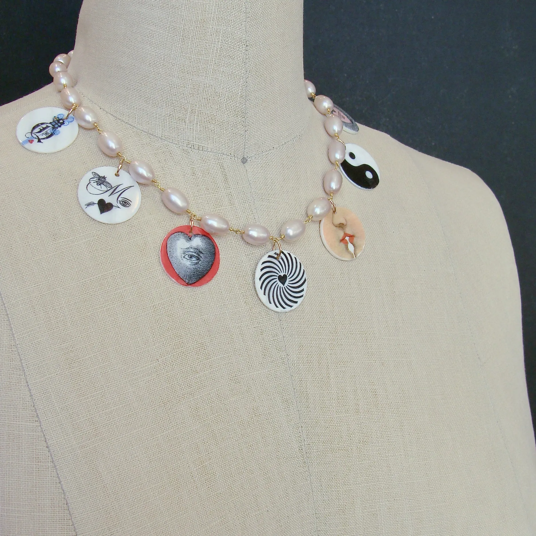 Natural Pink Cultured Pearls & Victorian MOP Love Tokens - Por Toi, Mon Amour (For You, My Love)
