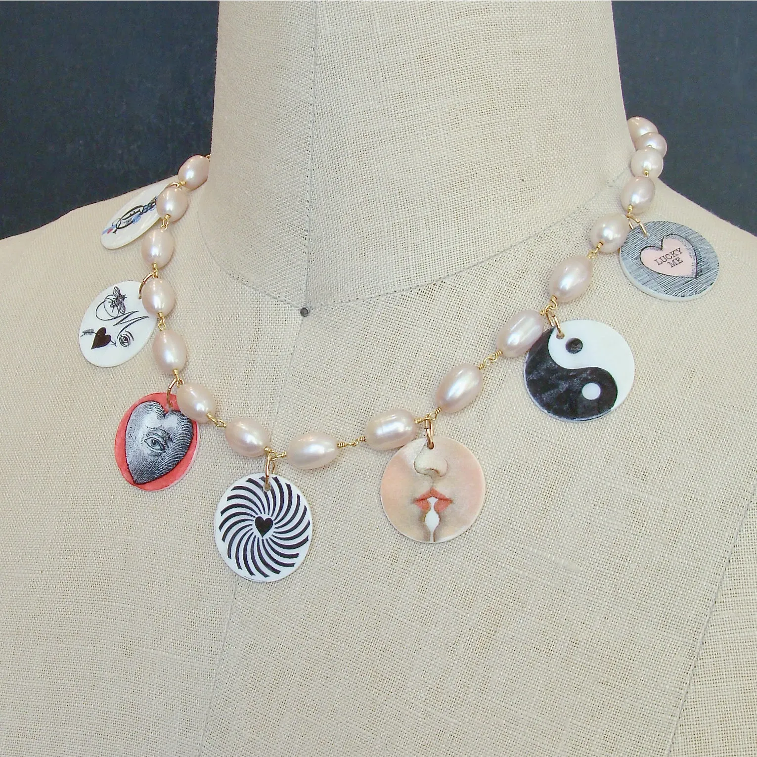 Natural Pink Cultured Pearls & Victorian MOP Love Tokens - Por Toi, Mon Amour (For You, My Love)