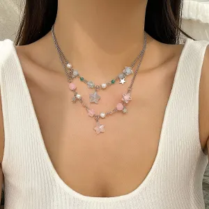 Newly Layered Two Tone Star Tassel Pearl Chain Necklace Set