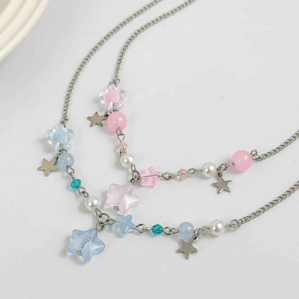 Newly Layered Two Tone Star Tassel Pearl Chain Necklace Set
