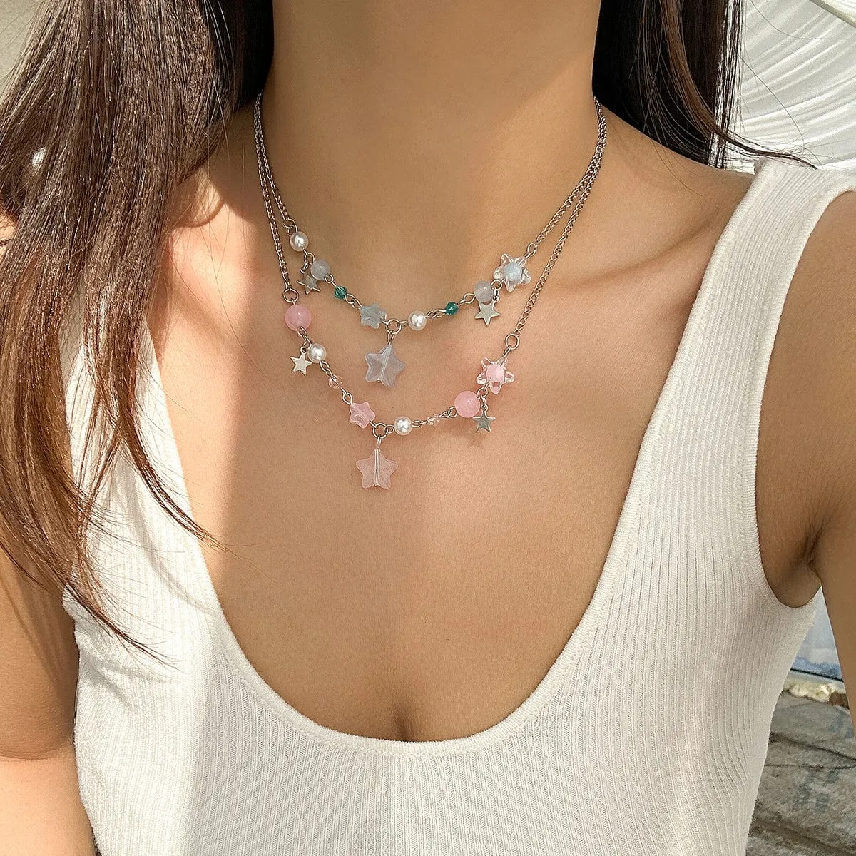 Newly Layered Two Tone Star Tassel Pearl Chain Necklace Set