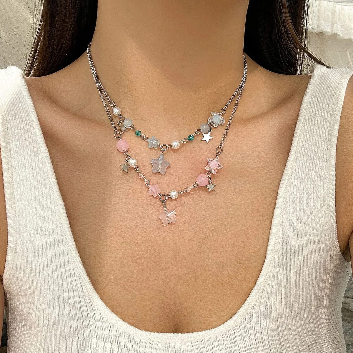 Newly Layered Two Tone Star Tassel Pearl Chain Necklace Set