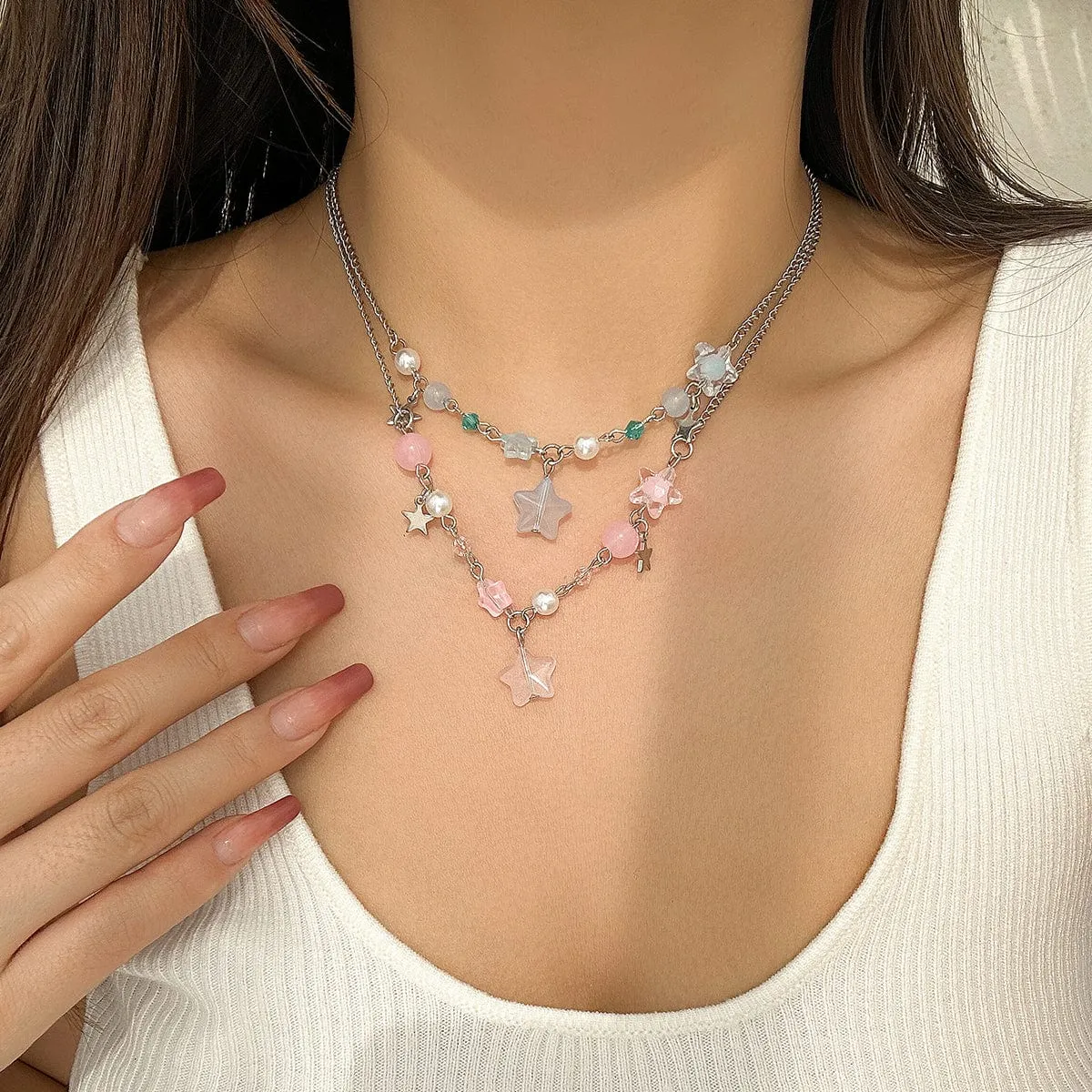 Newly Layered Two Tone Star Tassel Pearl Chain Necklace Set