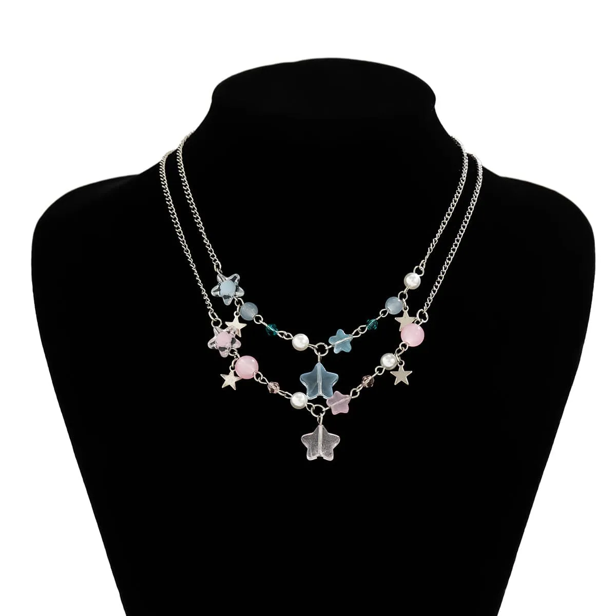 Newly Layered Two Tone Star Tassel Pearl Chain Necklace Set