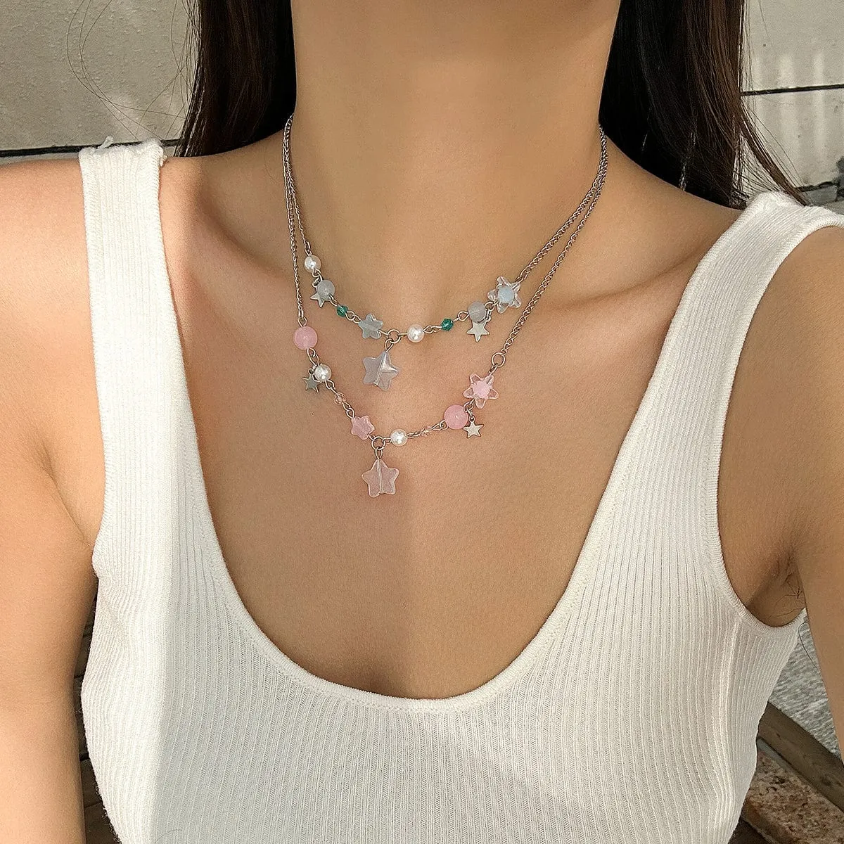 Newly Layered Two Tone Star Tassel Pearl Chain Necklace Set