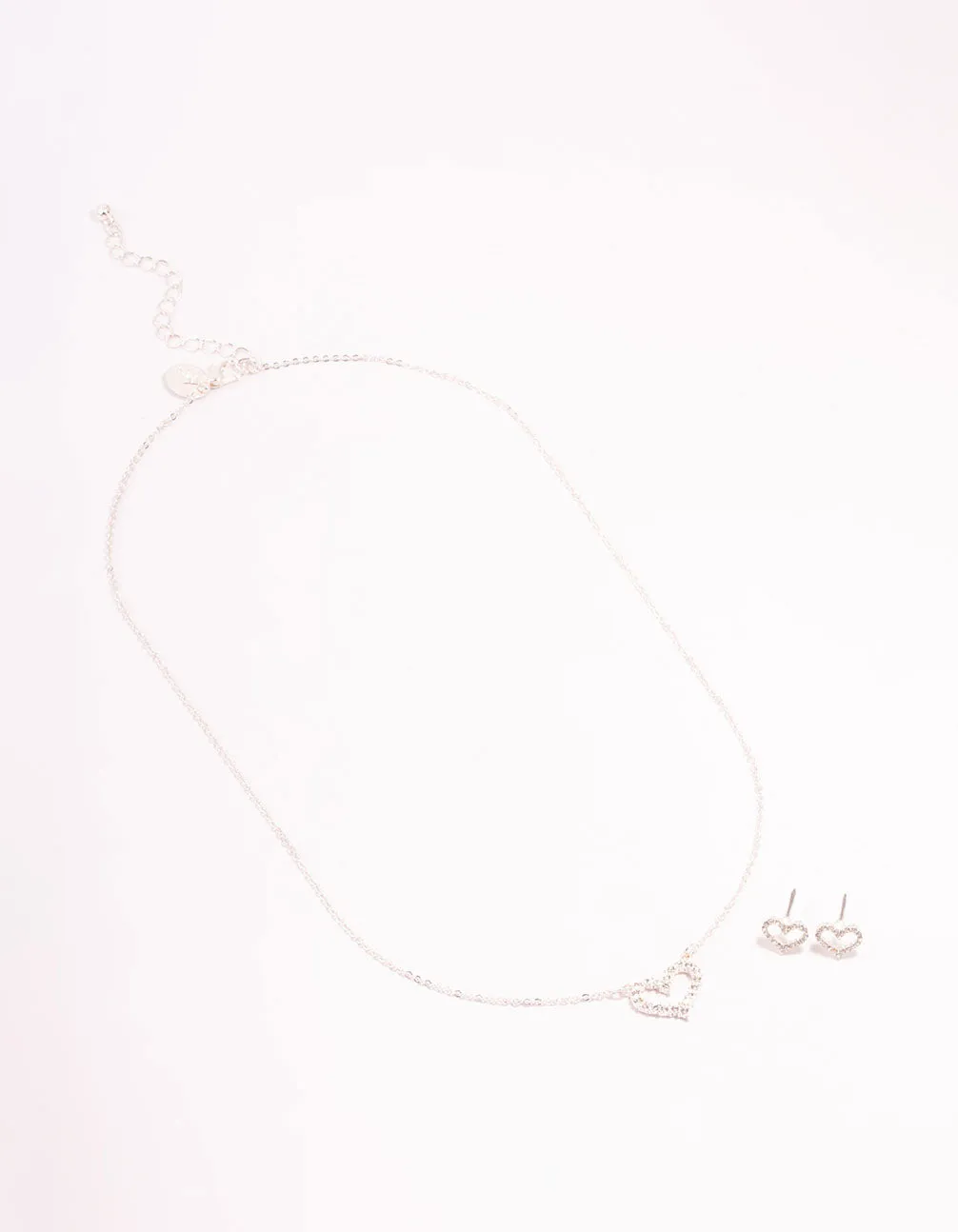 Open Diamante Heart Silver Necklace & Stud Earrings Set