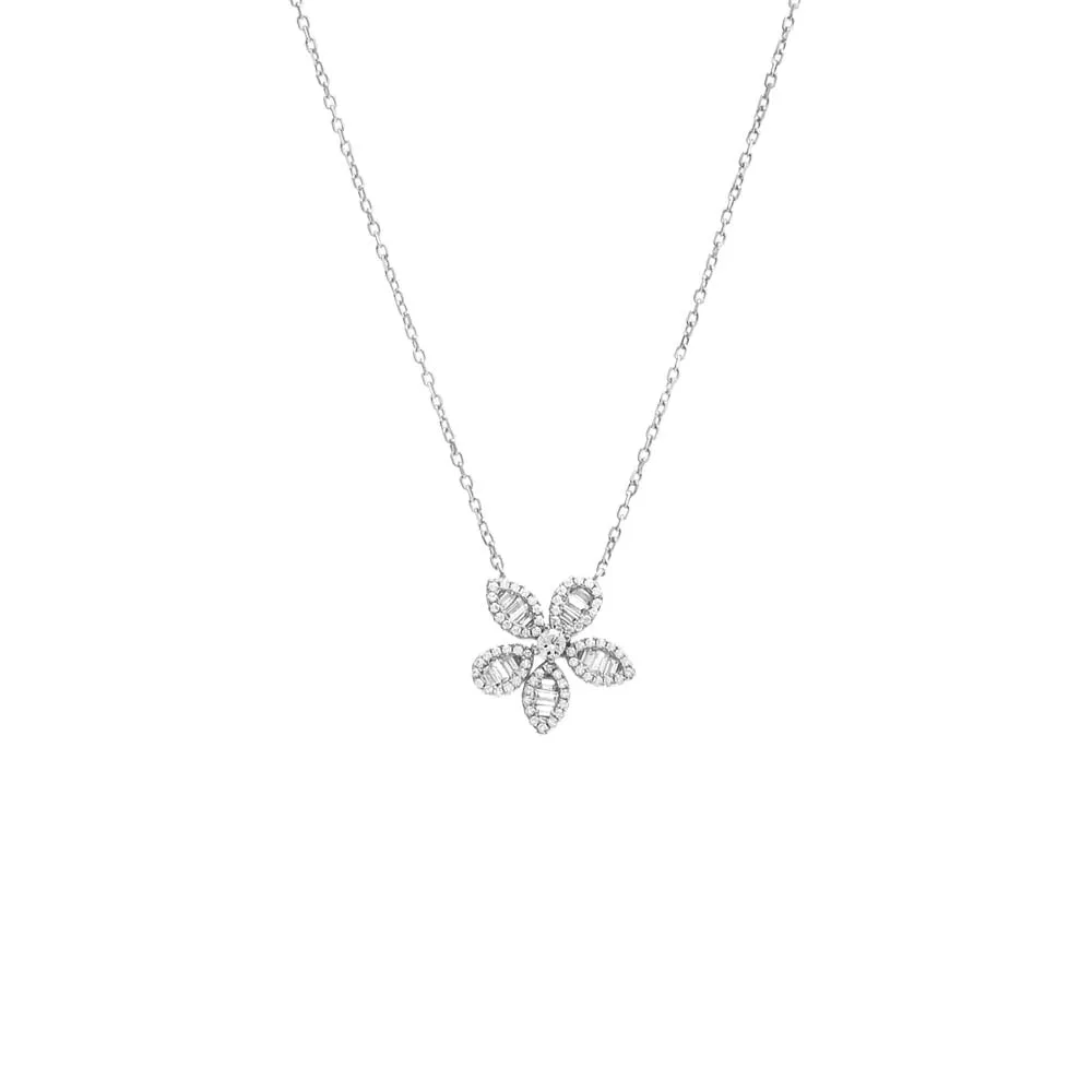 Pave X Baguette Fancy Flower Pendant Necklace