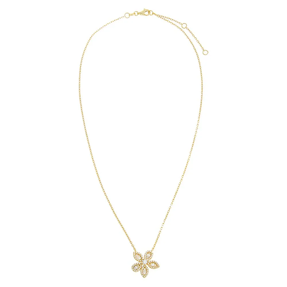 Pave X Baguette Fancy Flower Pendant Necklace