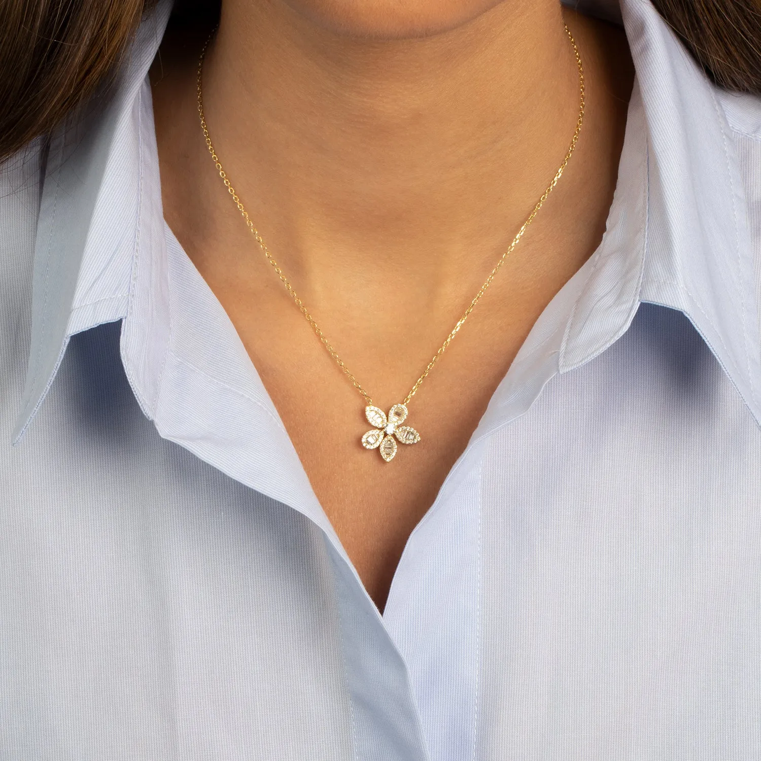 Pave X Baguette Fancy Flower Pendant Necklace