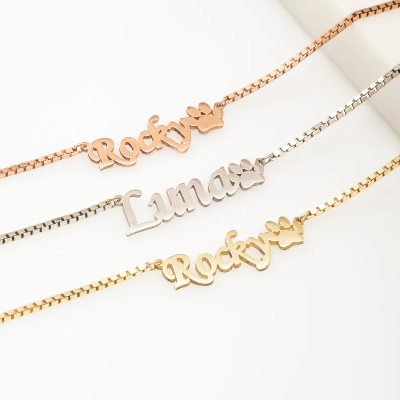 Paw Name Necklace with Box Chain