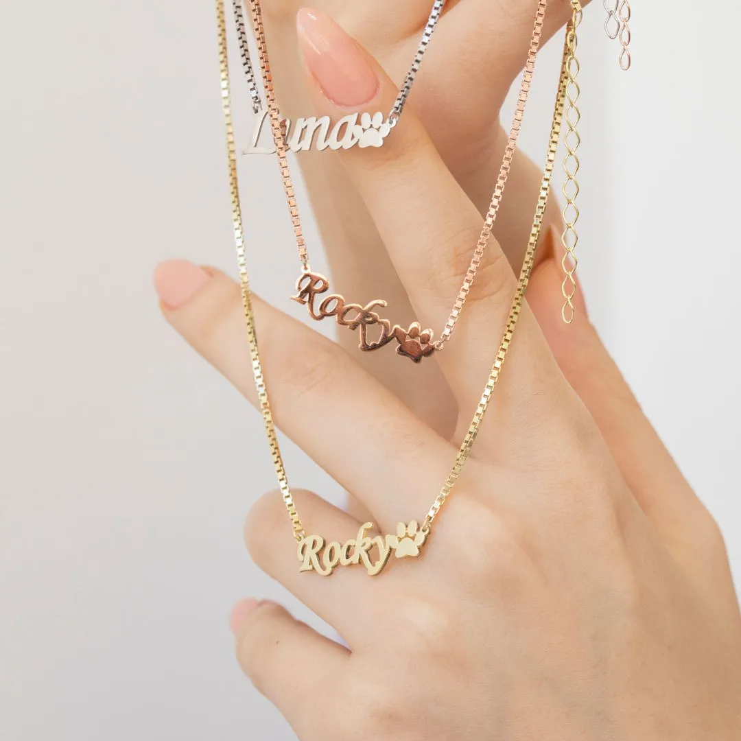 Paw Name Necklace with Box Chain