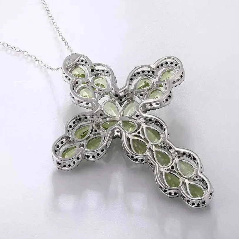 Pear-cut Peridot with Black Spinel Cross Pendant Necklace