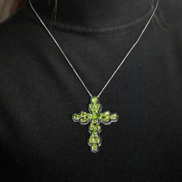 Pear-cut Peridot with Black Spinel Cross Pendant Necklace