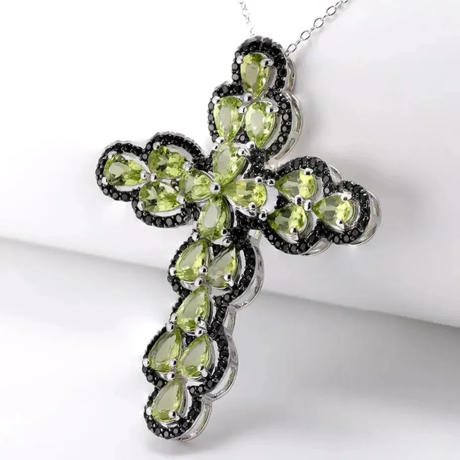 Pear-cut Peridot with Black Spinel Cross Pendant Necklace