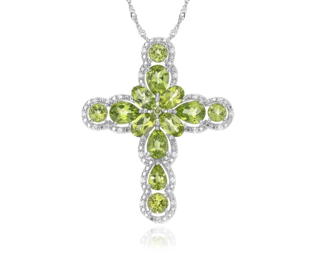 Pear-cut Peridot with Black Spinel Cross Pendant Necklace