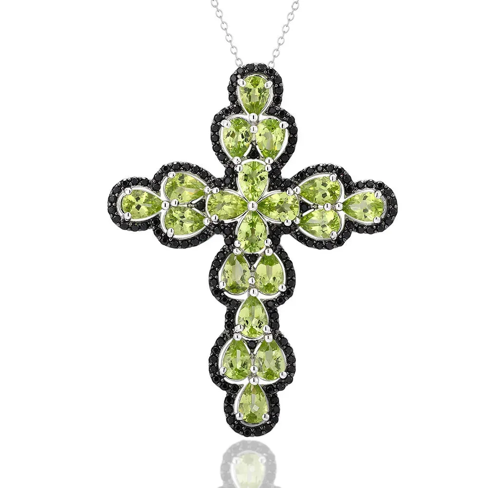 Pear-cut Peridot with Black Spinel Cross Pendant Necklace