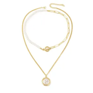 Pearl & 18K Gold-Plated Half-Chain Necklace & Round Pendant Necklace