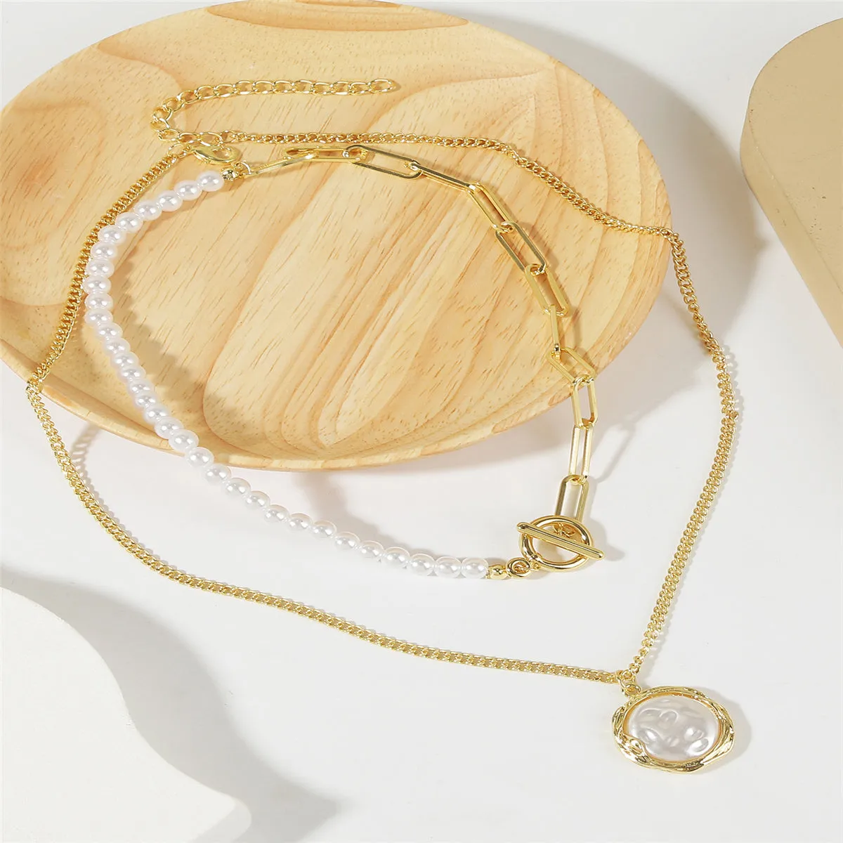 Pearl & 18K Gold-Plated Half-Chain Necklace & Round Pendant Necklace
