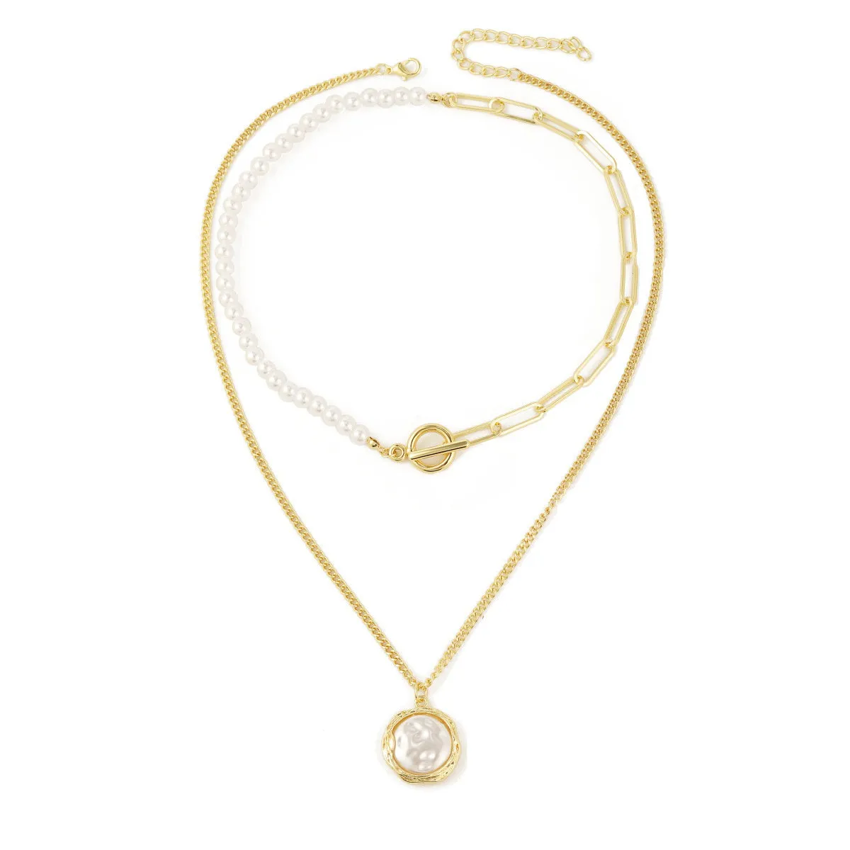 Pearl & 18K Gold-Plated Half-Chain Necklace & Round Pendant Necklace