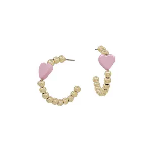 Pink and Gold Beaded Heart Earrings