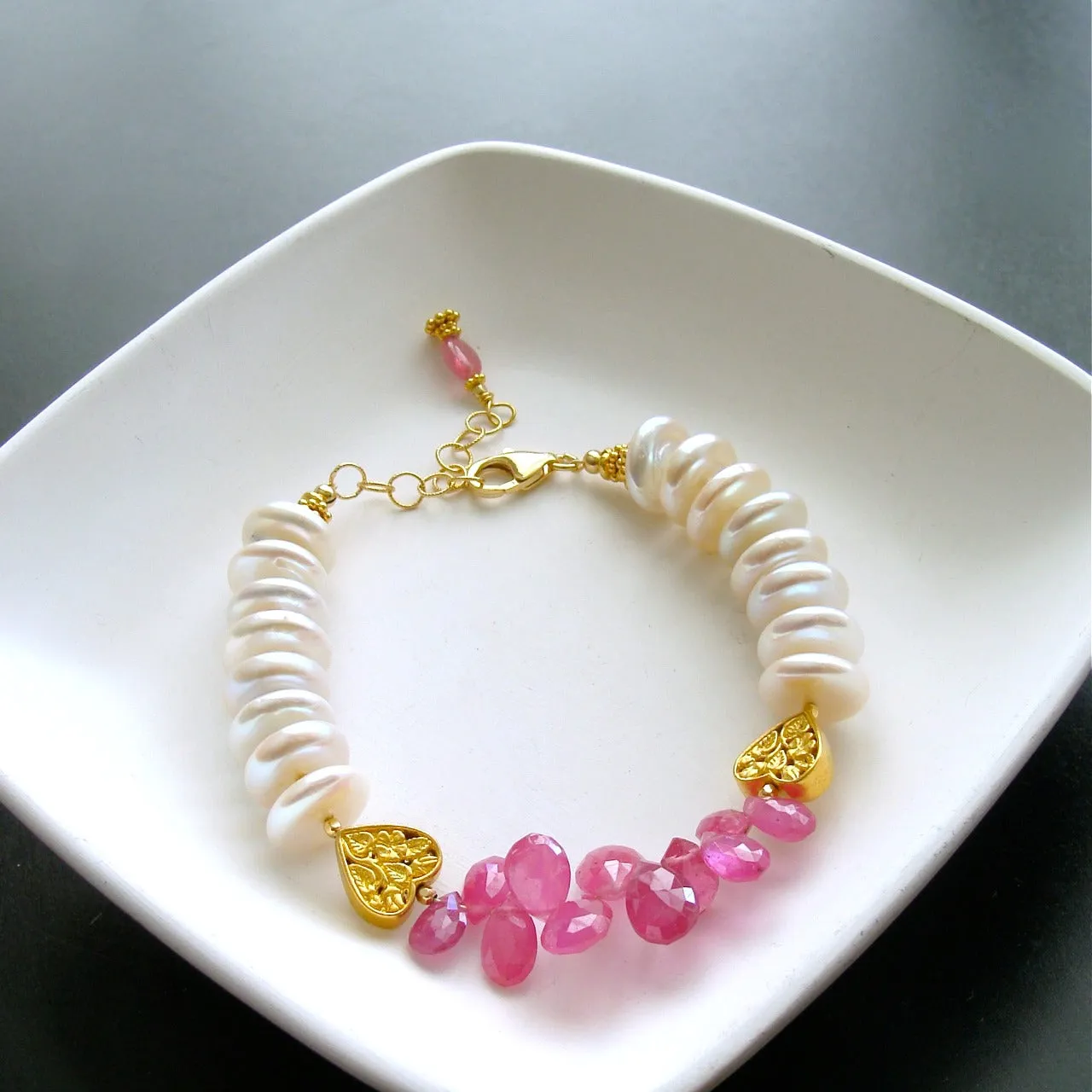 Pink Sapphire Coin Pearls Filigree Heart Bracelet - Valentina II Bracelet