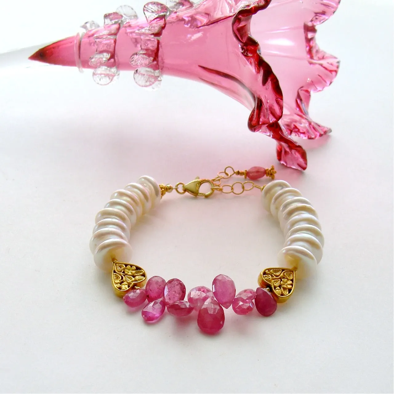 Pink Sapphire Coin Pearls Filigree Heart Bracelet - Valentina II Bracelet
