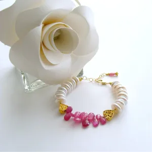 Pink Sapphire Coin Pearls Filigree Heart Bracelet - Valentina II Bracelet