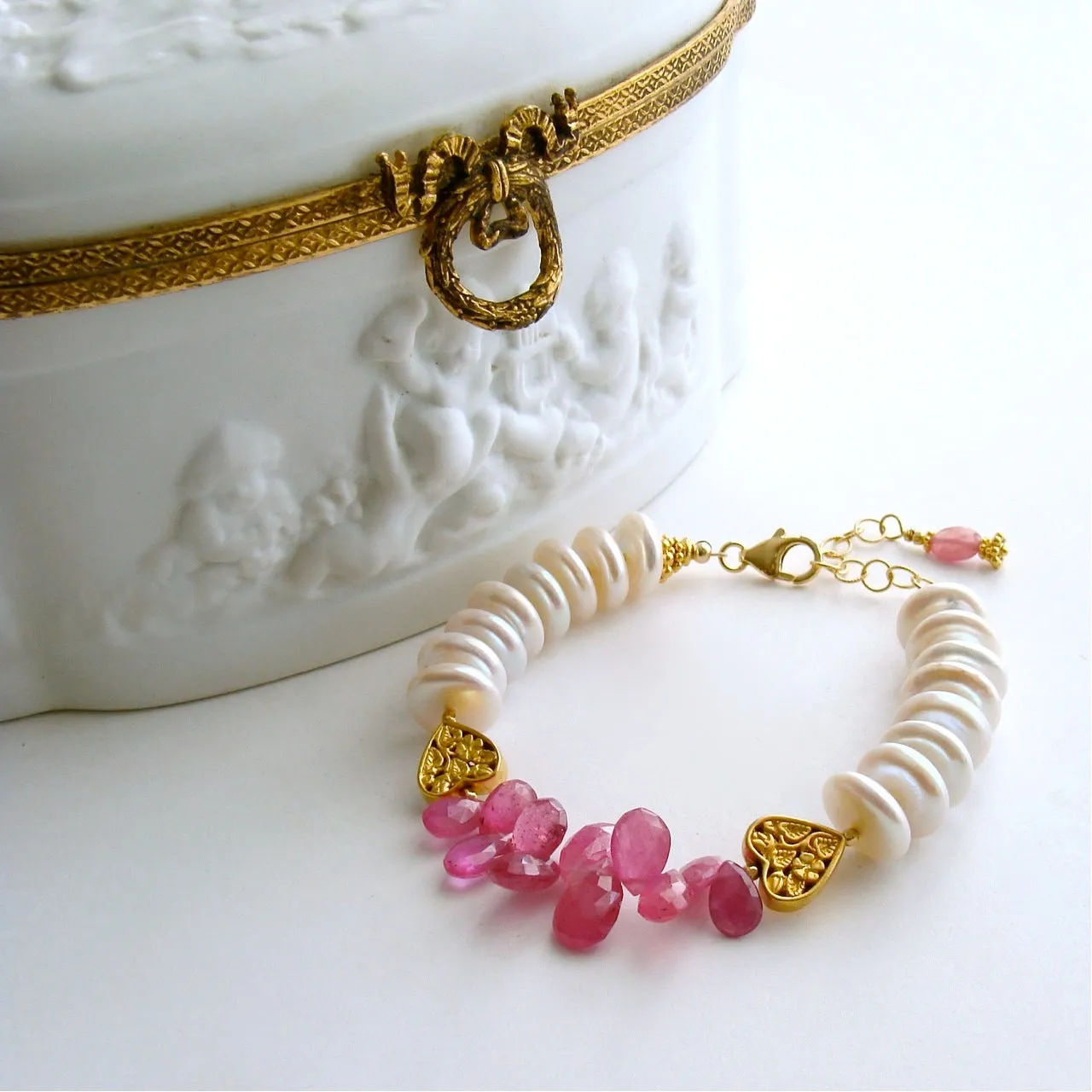 Pink Sapphire Coin Pearls Filigree Heart Bracelet - Valentina II Bracelet