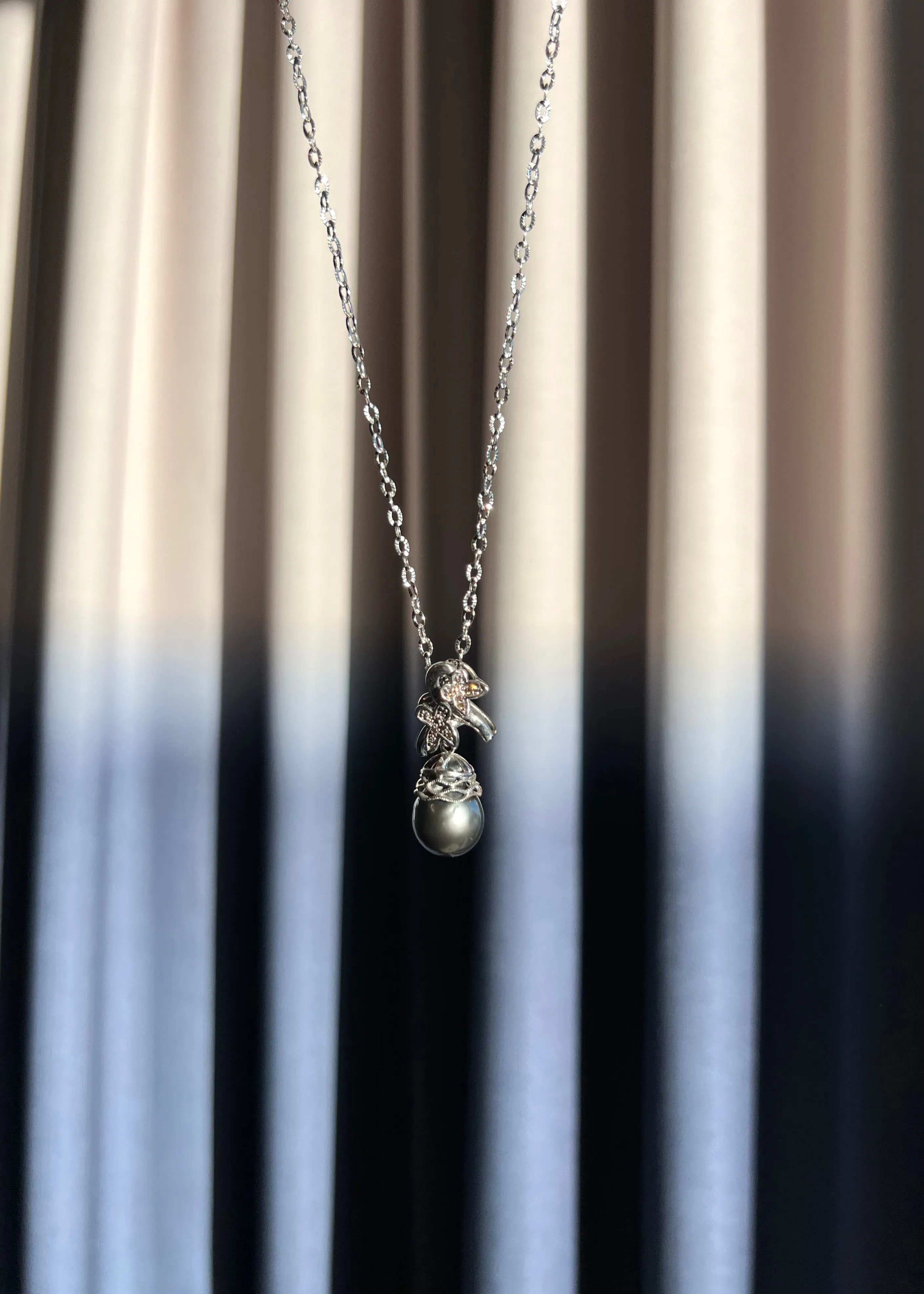 Pistachio Tahitian Black Pearl & Champagne Diamond Pendant Necklace