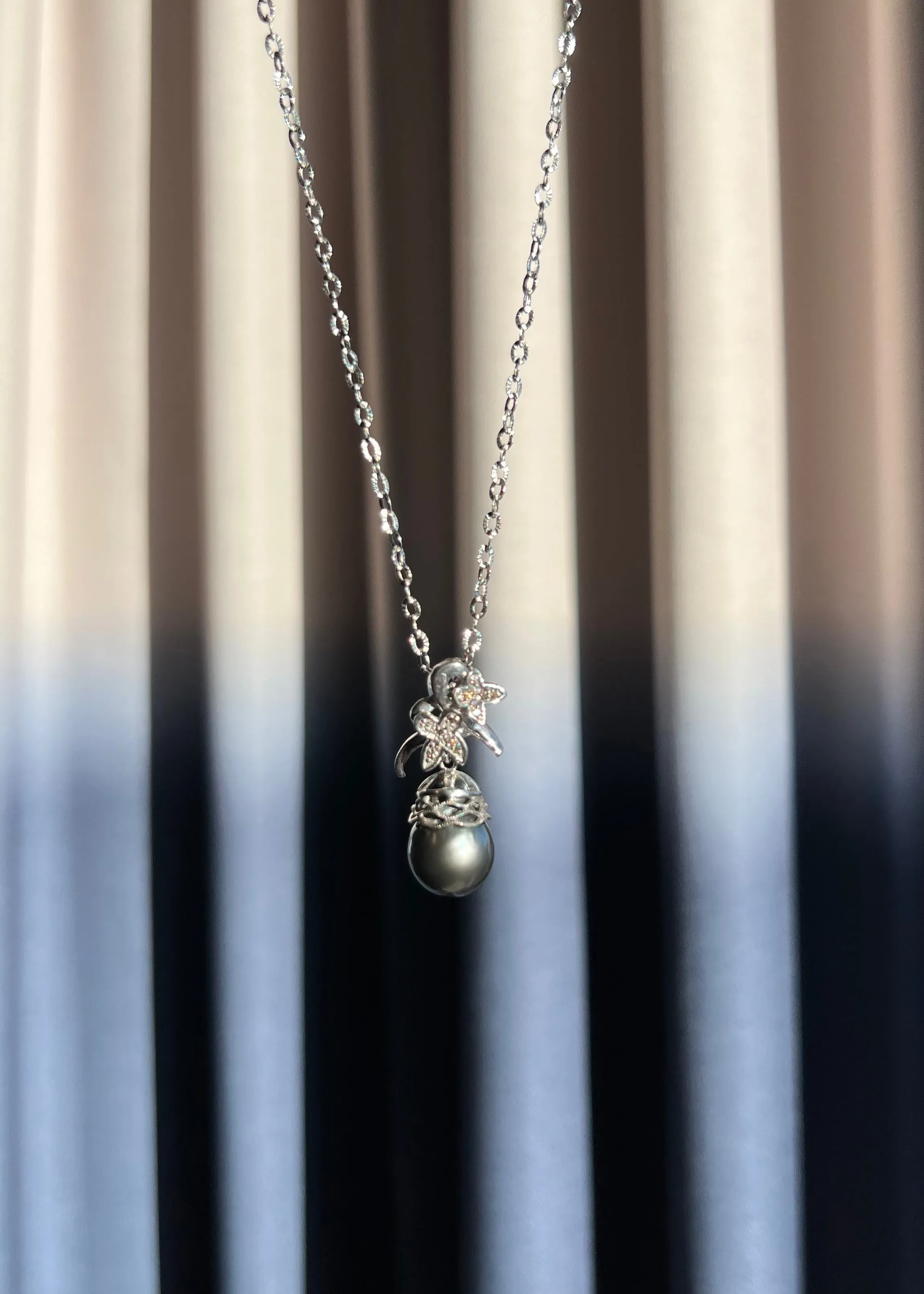 Pistachio Tahitian Black Pearl & Champagne Diamond Pendant Necklace