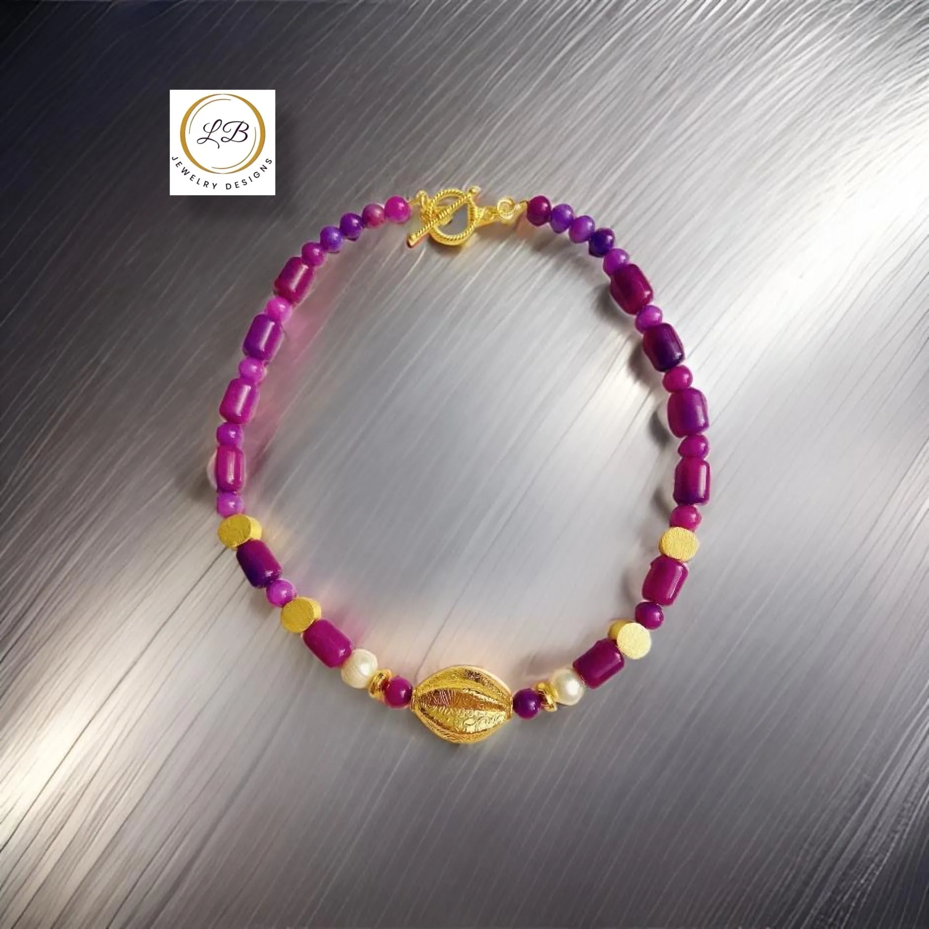 Purple Sugilite & Pearls Gemstone Gold Vermeil Pendant Necklace 20"