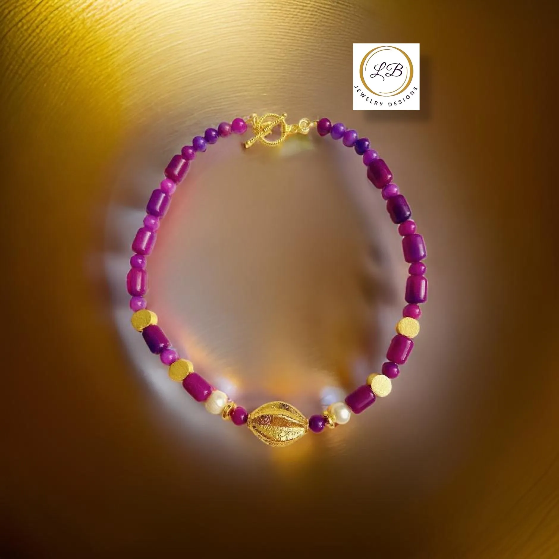 Purple Sugilite & Pearls Gemstone Gold Vermeil Pendant Necklace 20"