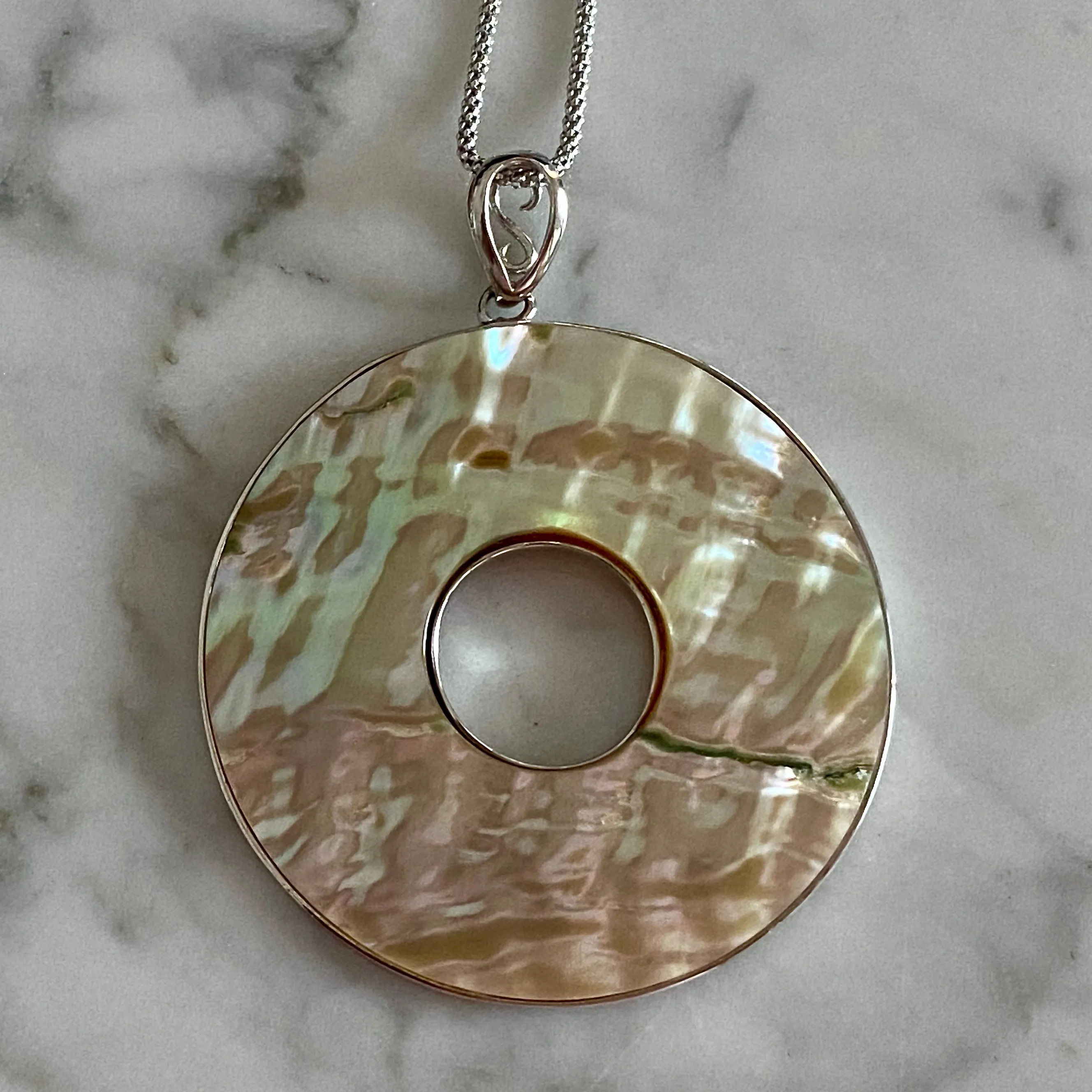 "Golden" Abalone Shell Pendant on Adjustable 17" - 20" Popcorn Chain / Rhodium-Plated Sterling Silver