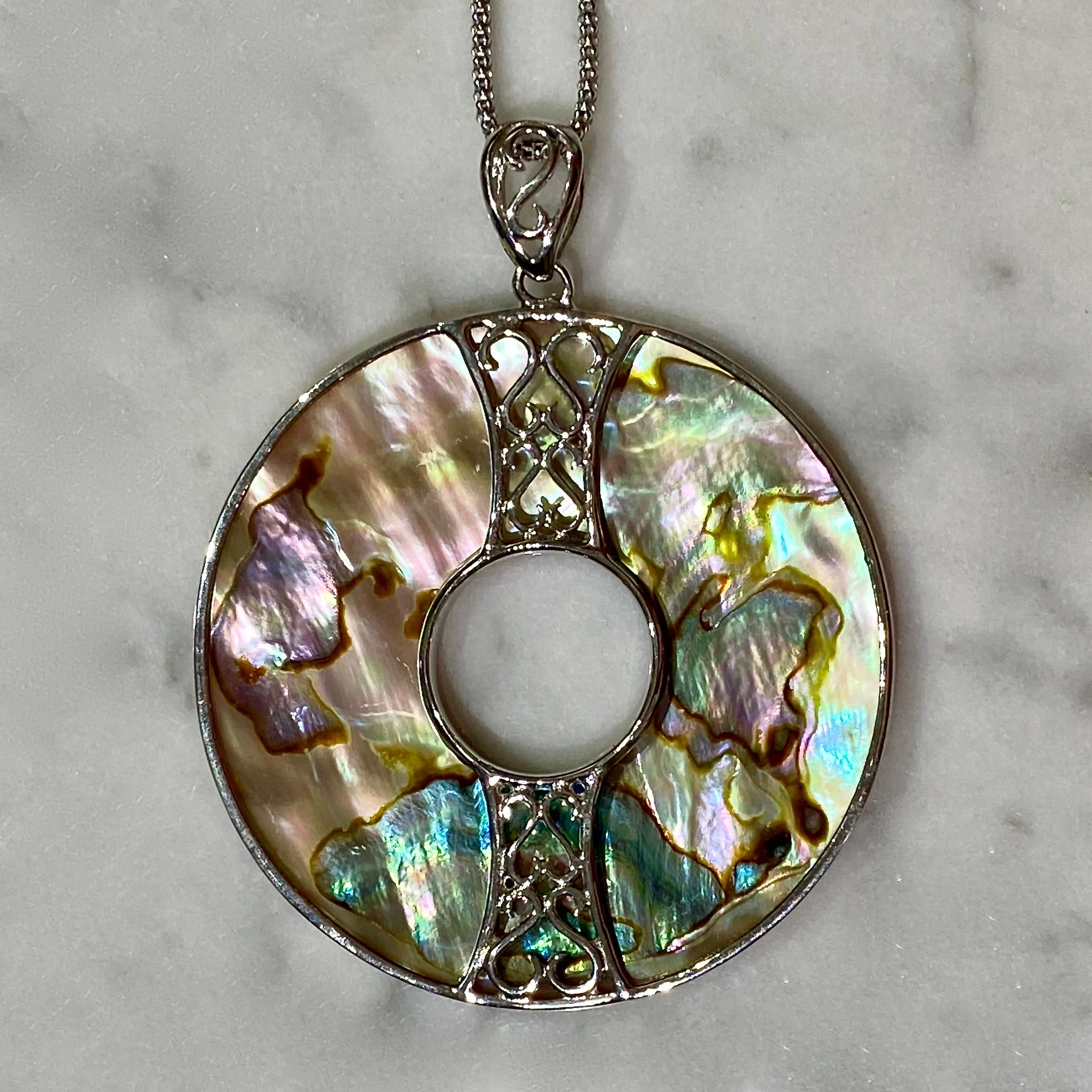 "Golden" Abalone Shell Pendant on Adjustable 17" - 20" Popcorn Chain / Rhodium-Plated Sterling Silver