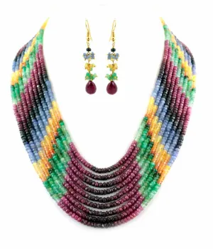 Rare 9 Row Multi Color Gemstone Necklace-Free Matching Dangler Earrings