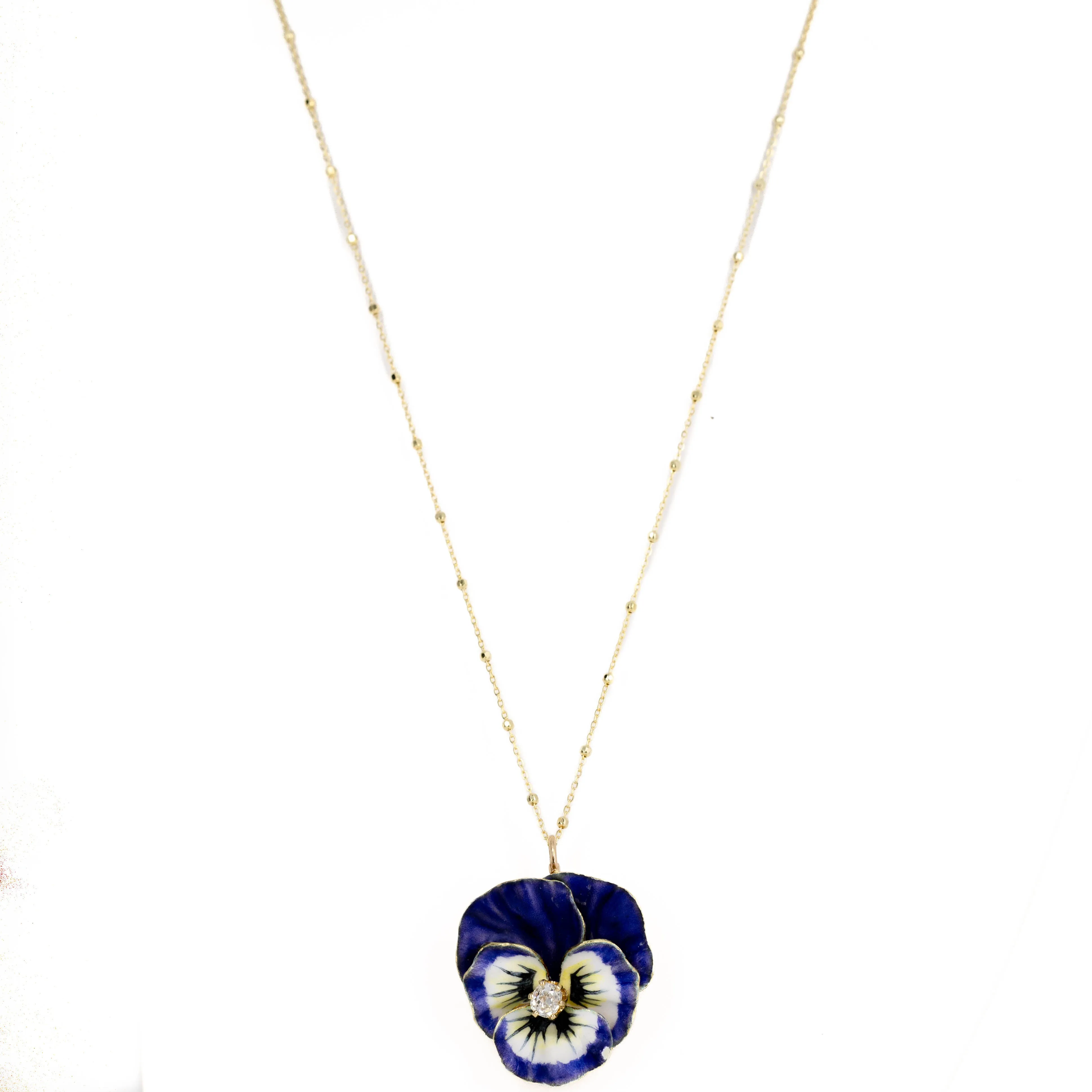 Rare Art Nouveau 14K Yellow Gold Pansy Brooch Pendant Necklace
