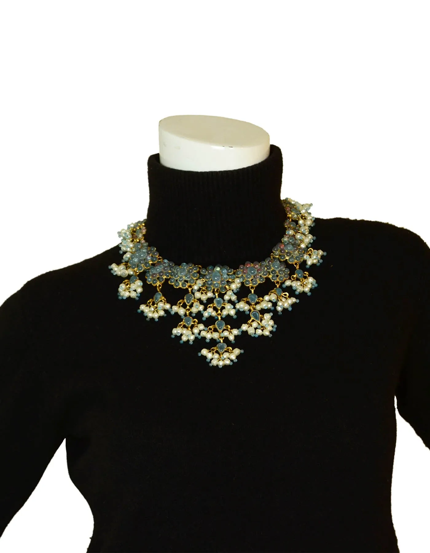 Rare Chanel 90’s Vintage Blue Gripoix & Faux Pearl Statement Necklace