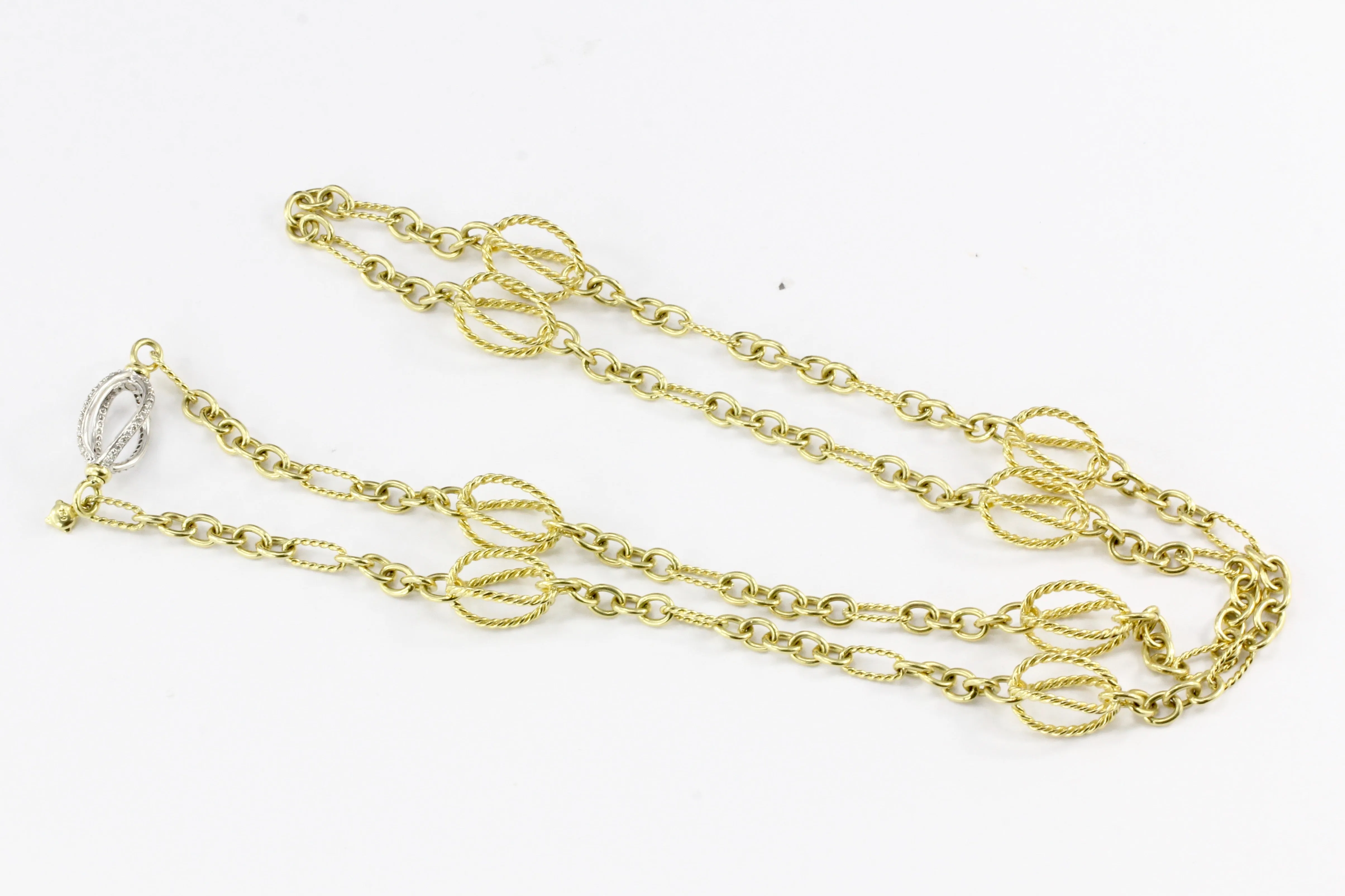 Rare David Yurman 18K White and Yellow Gold Diamond Spiral Link Necklace 32"