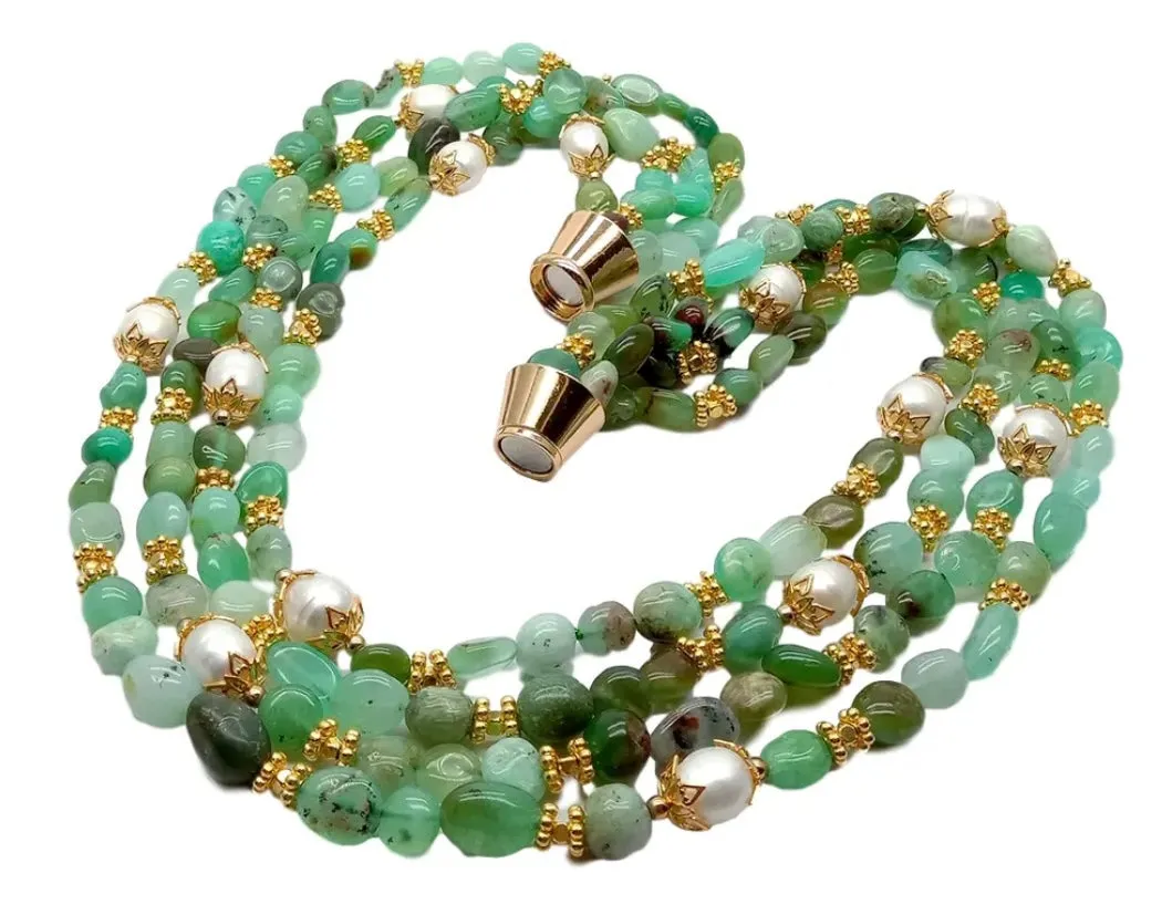 Rare Four-Strand Chrysoprase & Pearl Gemstone Statement Necklace